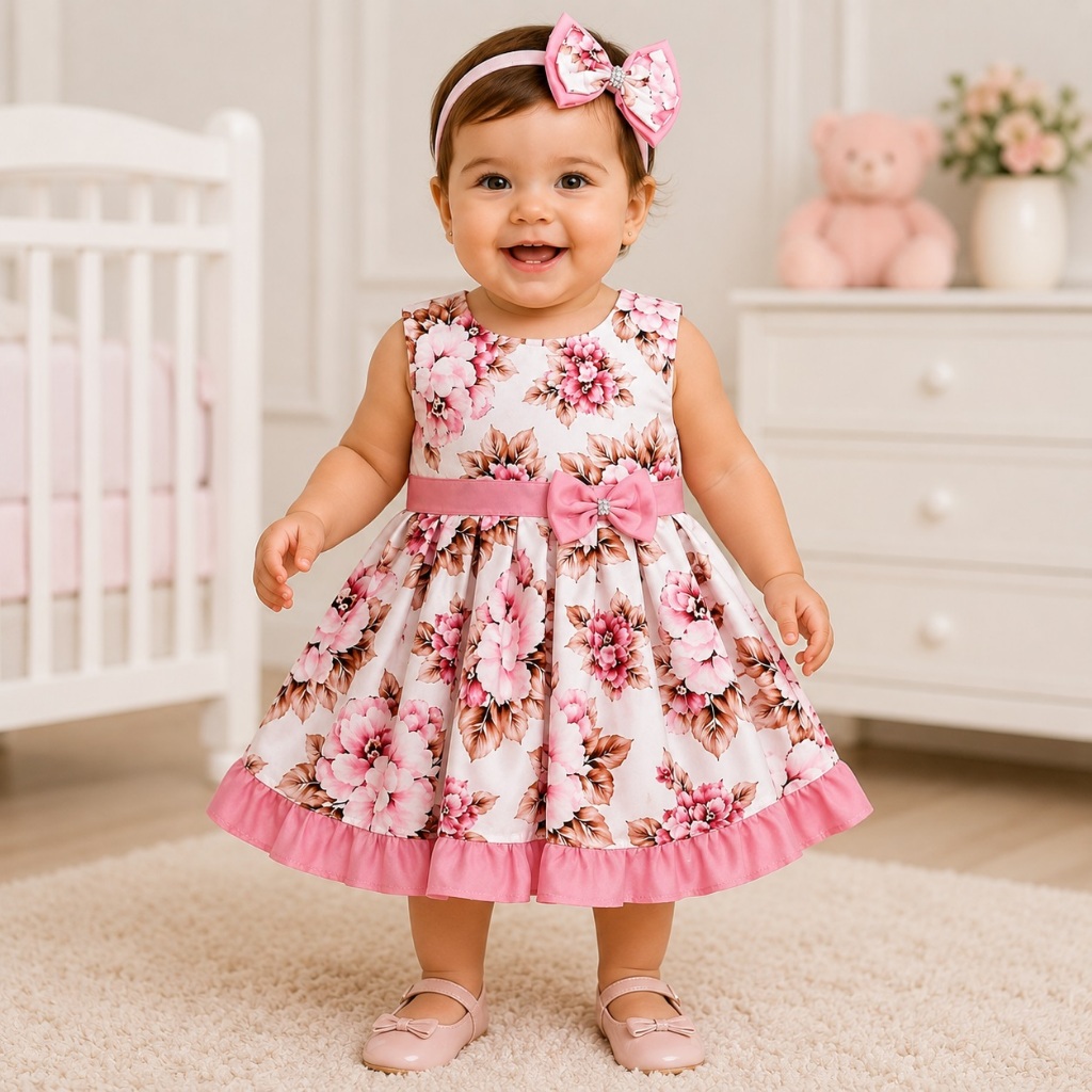 Vestido Infantil Bebê Menina Ariele Com Tiara P ao 3 Anos Roupa 100% Algodão Infantil