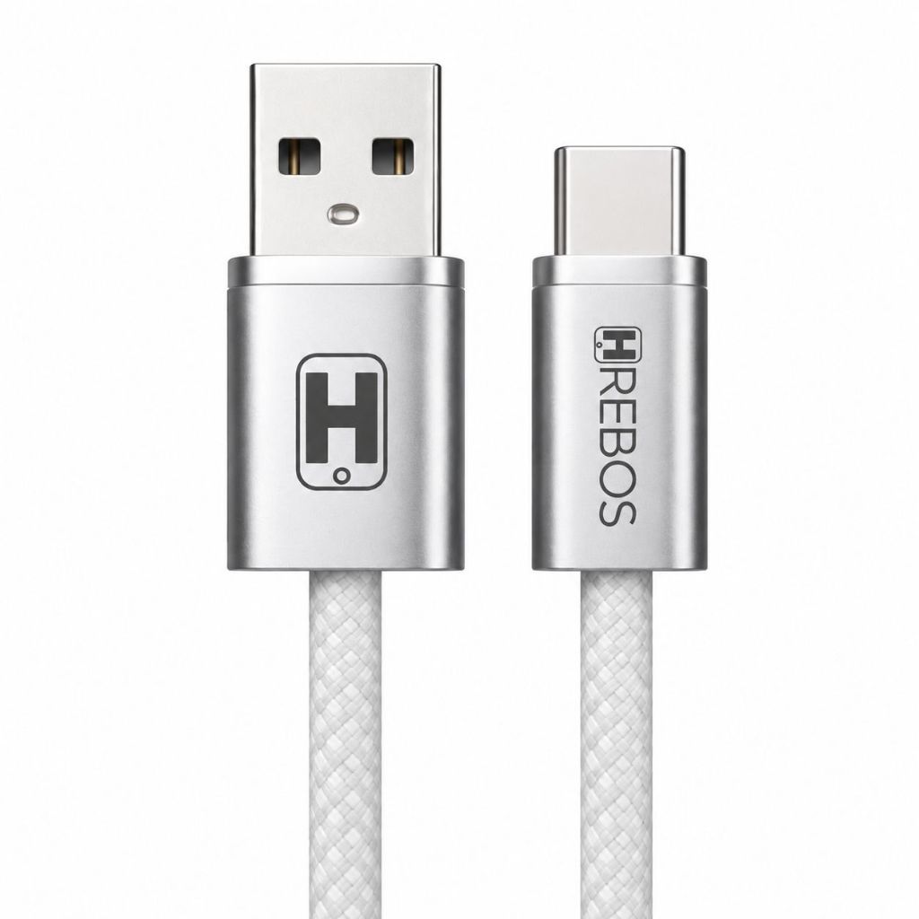 Cabo Carregador Hrebos  USB-C + Tipo-C Turbo 60W Premium Reforçado Nylon Trançado Premium 2 Metros
