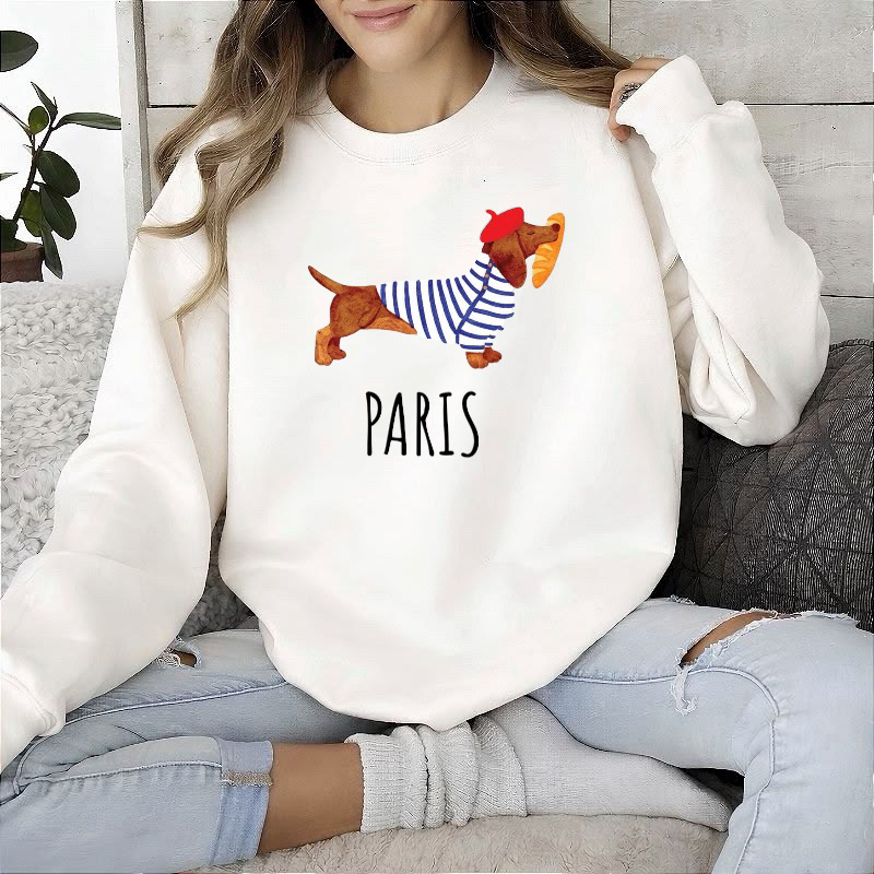 Moletom Feminino Paris Cachorro Dachshund Salchicha Estampado Casual Flanelado Confortável