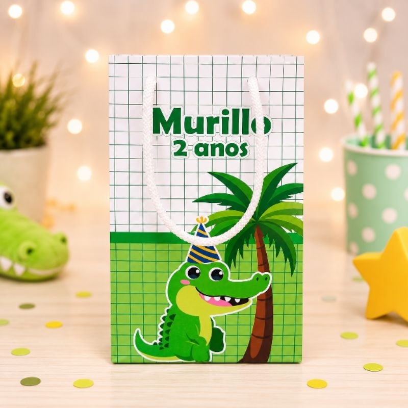 PEGUE E MONTE- Sacolinha Surpresa P Jacaré Natureza Personalizado - Lembrancinha - Festa - Aniversário - DESMONTADO