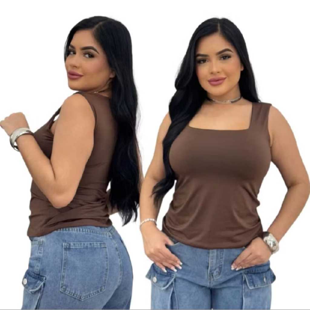 Regata Feminina Tecido Suplex Decote Quadrado Blusinha Casual Basica Tendencia Cores Variadas Promo