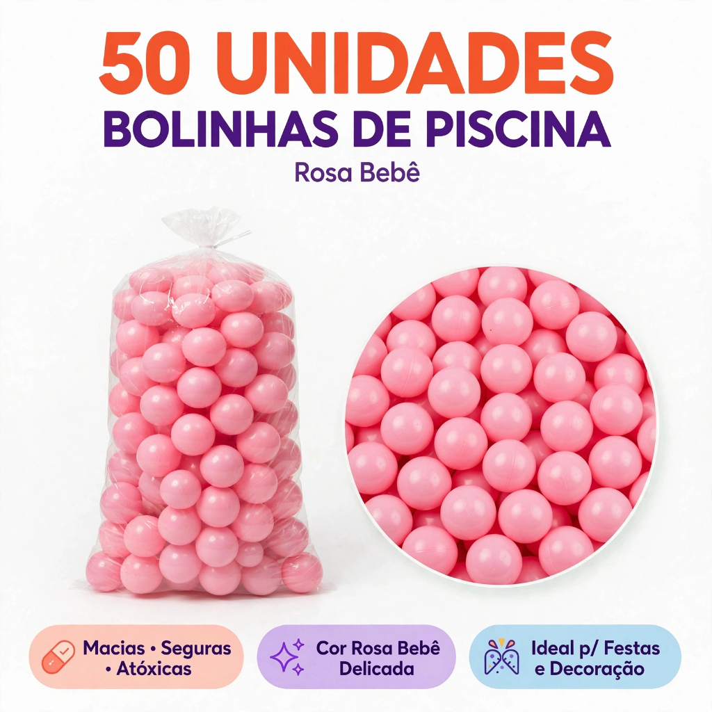50 Bolinhas de Piscina Infantil Rosa Bebê 71mm Brinquedo Criança Decoração Atóxica