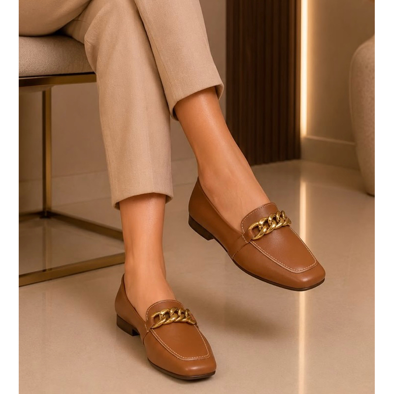 Sapatilha Feminina Confortável Luxo Elegante Sapato Feminino Mocassim corrente Bico Quadrado marrom
