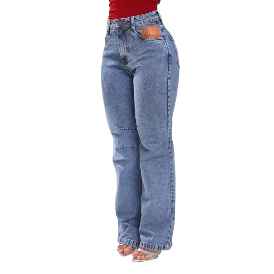 Calça Jeans Feminino Wid Leg Sem Lycra Cintura Alta, Detalhe de Etiqueta Diferenciada Revesst Jeans.