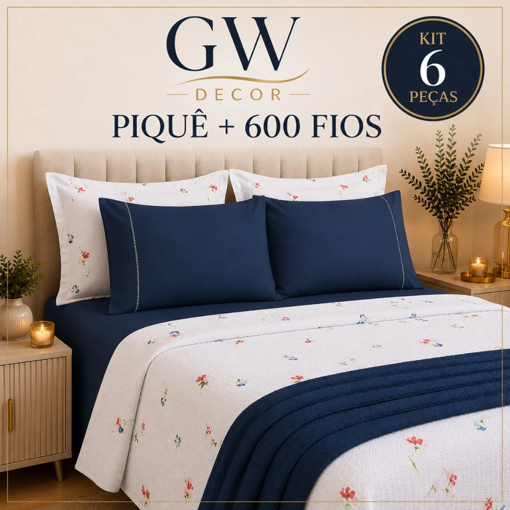Kit 6 Peças Piquê + 600 Fios Jogo de Cama Macio e Sofisticado Casal Queen e King — imagem 1