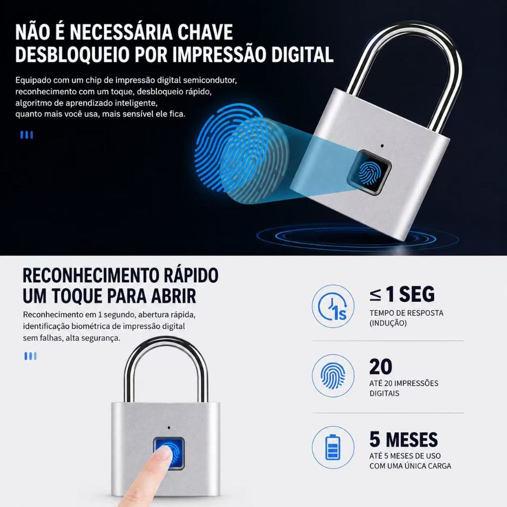 Cadeado Inteligente de Impressão Digital Desbloqueio Inteligente, Resistente e Recarregável