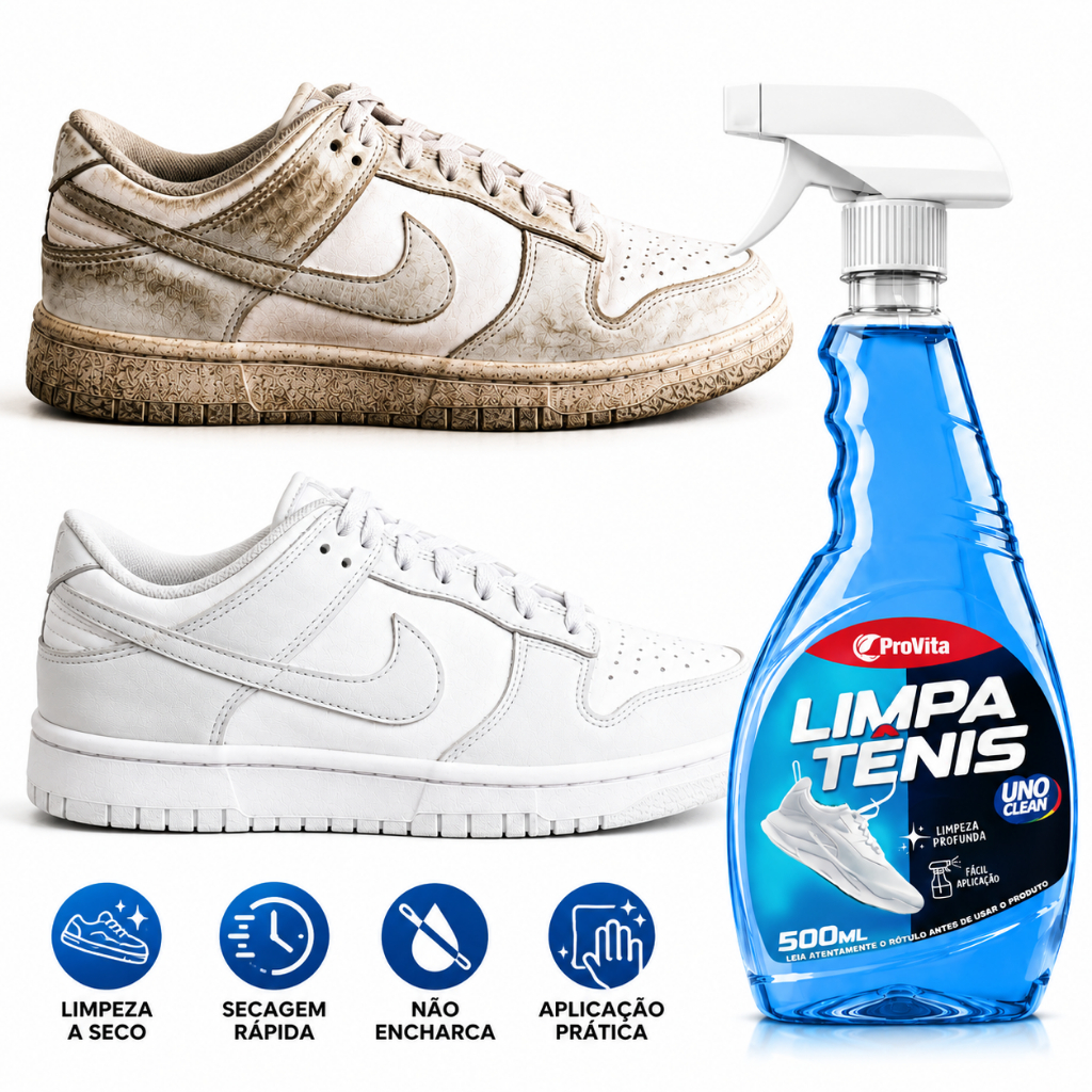 Limpa Tênis À Seco Spray Premium 500ml Remove Sujeira Pesada Branqueia Solado Limpa Calçado De Couro Camurça Tecido
