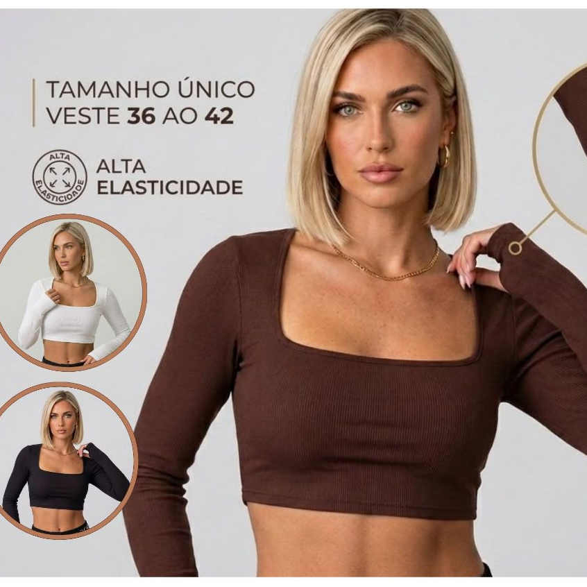Cropped Manga Longa Gola Quadrada Com Dedal - Blusa Feminina Dedeira Moda Gringa Tendência Blogueira 2026
