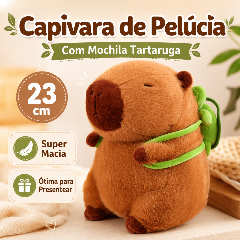 Capivara de Pelúcia com Mochila Tartaruga 23cm Macia Fofinha Brinquedo Infantil Presente Criativo