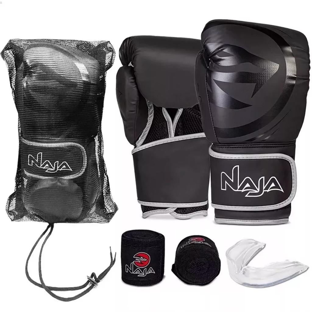 Luva Boxe / Muay Thai - Black Naja - Conjunto Bandagem rápida 3,5m + Bucal
