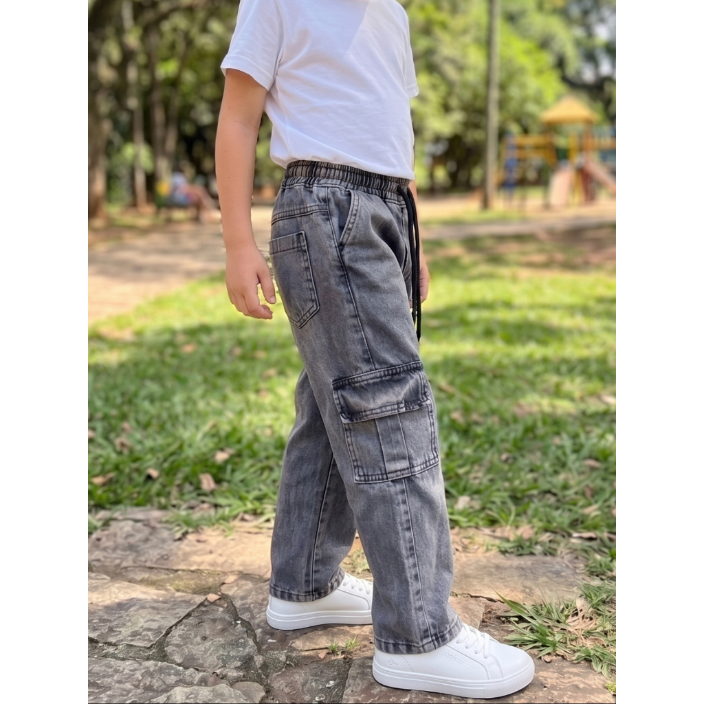 Calça Cargo jeans Infantil Juvenil Skatista Jeans Clara ou Preta Marmorizada Unissex Menino menina do 4 ao 16 — imagem 2 de 2