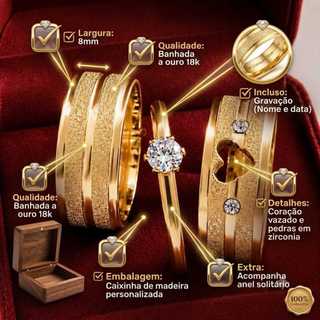 Par de Alianças Coração Vazado 8mm Banhadas a Ouro 18k Diamantadas com Anel Solitário + Gravação