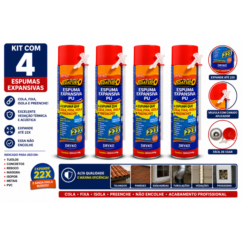 Kit 4 Espuma Expansiva Dryko 500ml Selante PU Uso Geral Madeira Portas Janelas Construção Vedação