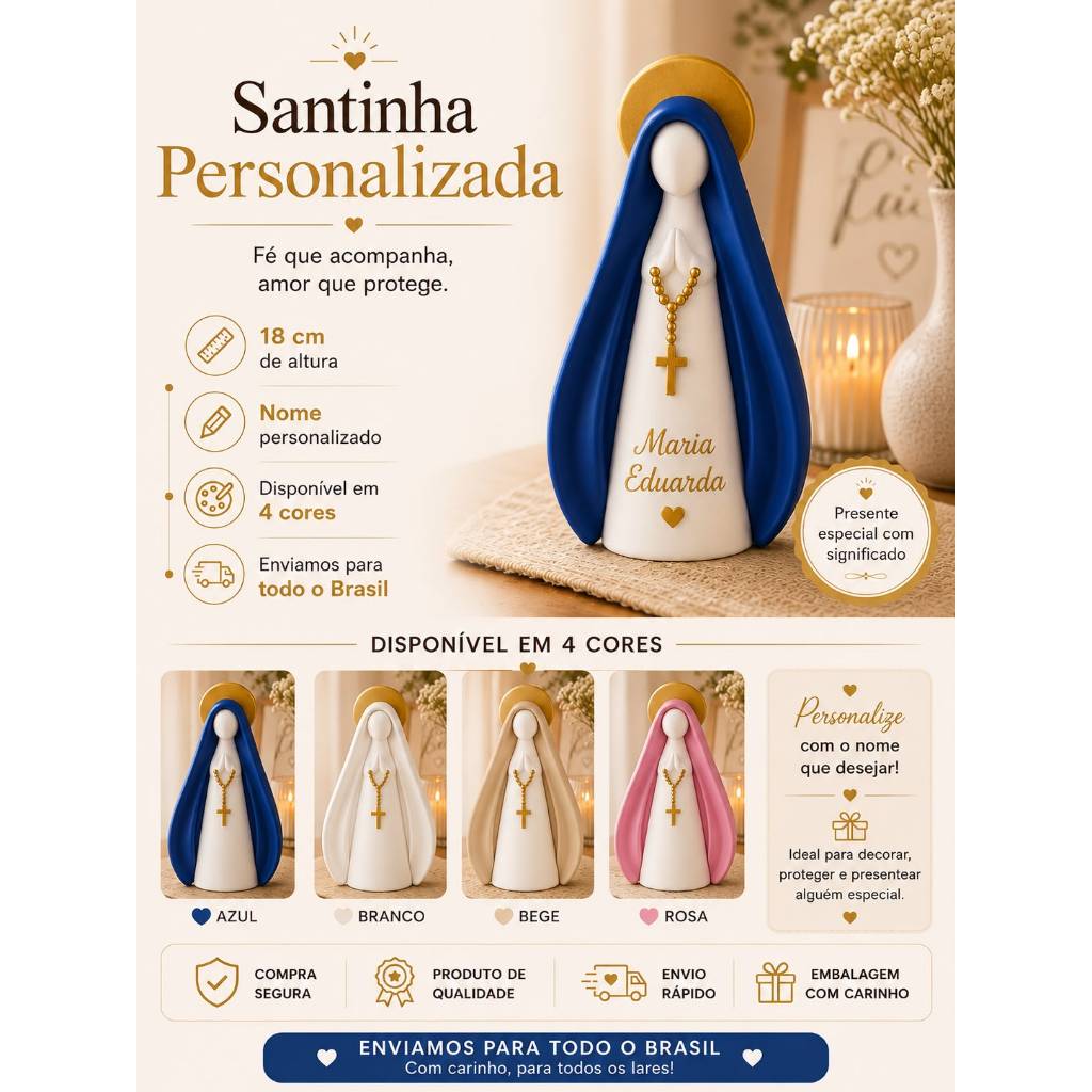 Nossa Senhora Aparecida em Impressão 3D Personalizada com Nome 18CM | Decoração Religiosa Artesanal | Presente Católico
