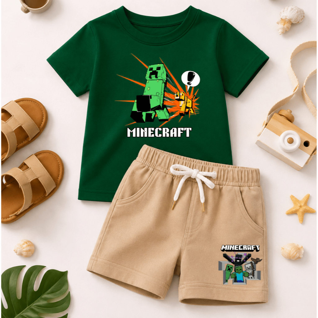 Conjunto Infantil De Verão para Crianças Estilosas - Conjunto Estampa Mine - Camiseta 100% Algodão e Short Moletinho