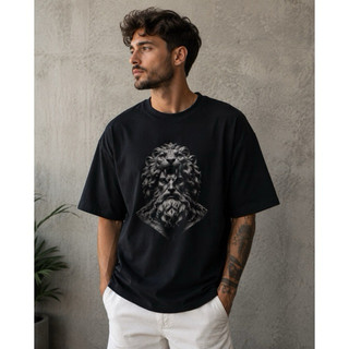 Camiseta Oversized Estátua Grega Leão Masculina Streetwear Premium Estampa Frontal
