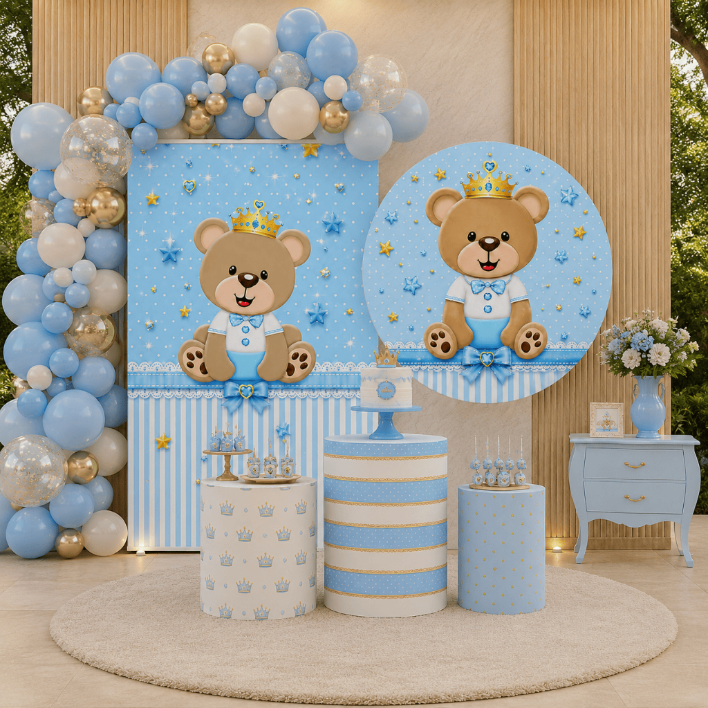 Capa Painel Redondo Trio Cilindro Ursinho Príncipe Azul Decoração Festa Infantil Chá de Bebe Lançamento
