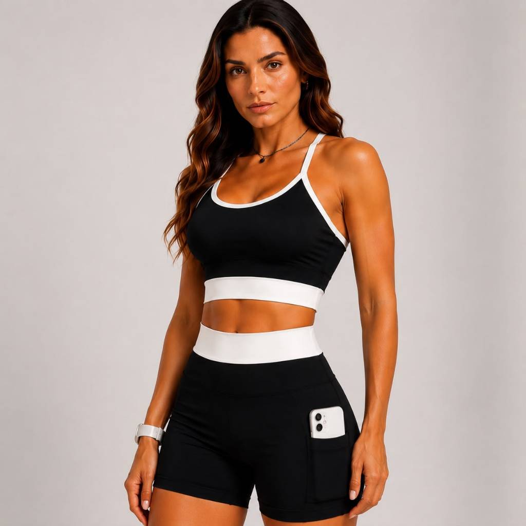 Conjunto Fitness Feminino Suplex Premium Top e Short Cintura Alta Academia