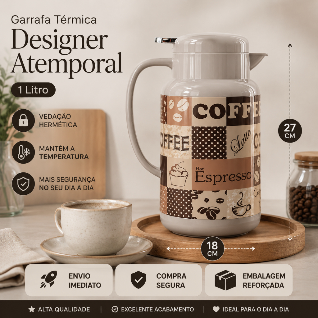 Garrafa Térmica 1 Litro Grande, Com Vedação Hermética, Café Quentinho e Designer Lindo e Elegante