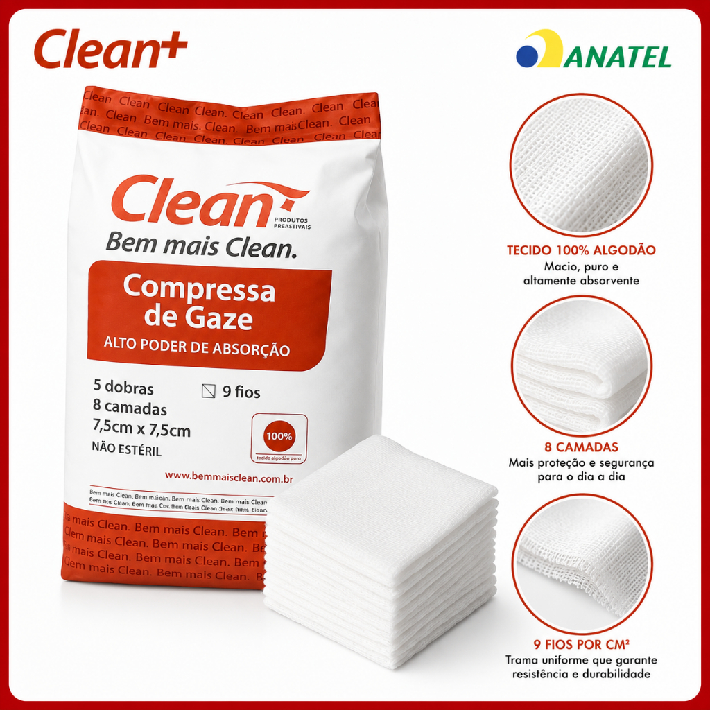 Compressas de Gaze Clean Hidrófilas 9 Fios 180g Curativo 2x 5x Pacotes
