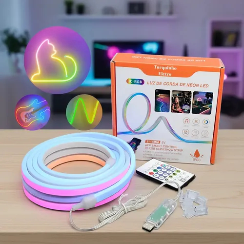 Fita Led Neon Smart Rgb Usb 5v 5mts Prova D'água P/ Desenhar na parede