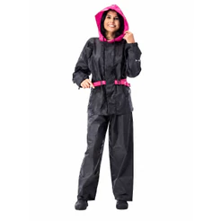 CAPA DE CHUVA CONJUNTO PANTANEIRO NYLON FEMININO CAPUZ PRETO/ROSA