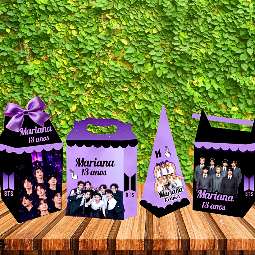 Kit Festa BTS ARMY Personalizado 10/50 Peças – Caixas Milk - Pirâmide - Maleta - Canudo com Nome e Idade Infantil