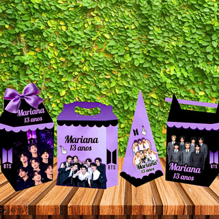 Kit Festa BTS ARMY Personalizado 10/50 Peças – Caixas Milk - Pirâmide - Maleta - Canudo com Nome e Idade Infantil