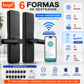 Fechadura Eletrônica Digital Wifi Tuya 6 em 1 com APP, NFC, Biometria, Senha Touch, Chave e Tag