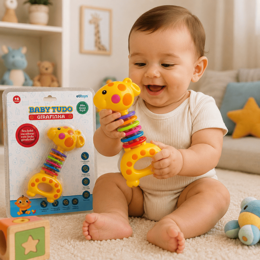 Chocalho Girafinha Bebê Educativo Sensorial Brinquedo Infantil com Argolas Coloridas +6 Meses