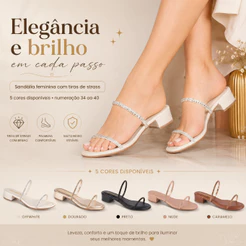 Sandália Feminina Salto Baixo com 2 Tiras de Strass Offwhite Dourado Preto Nude Caramelo 34 ao 40