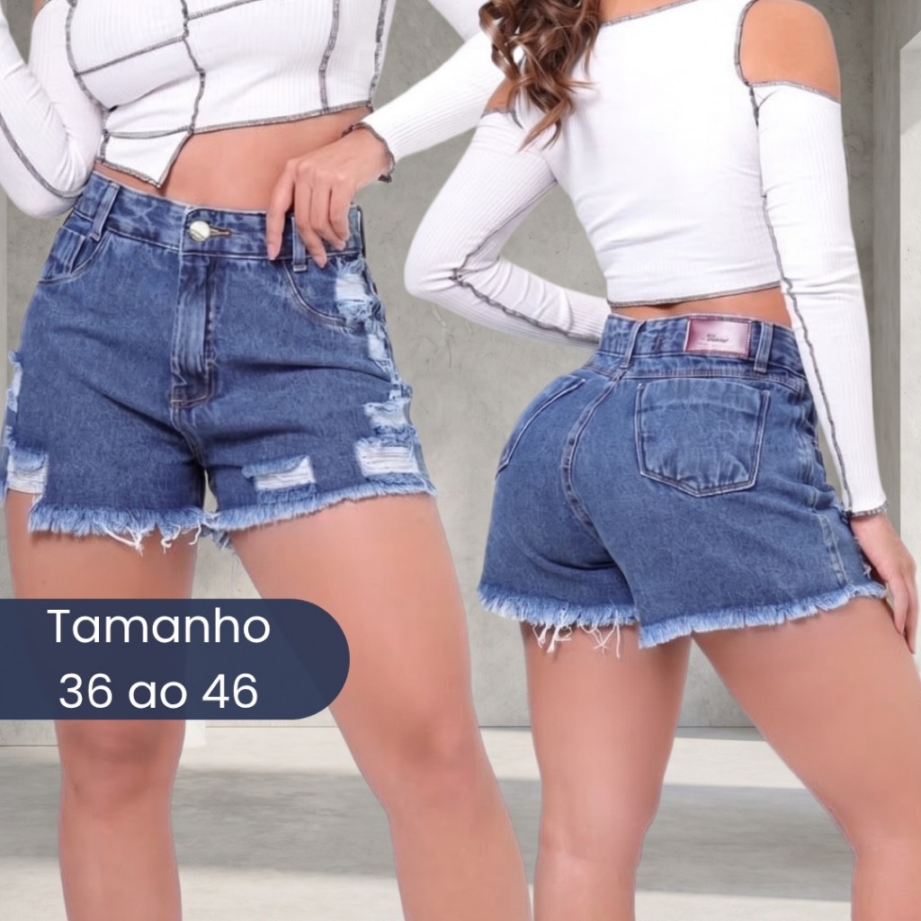 Short Feminino Jeans Cintura Alta 100% Algodão Bermudinha Levanta e Empina Bumbum