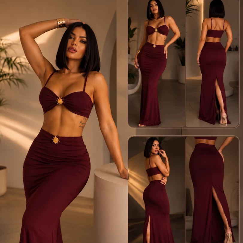 Conjunto Feminino Saia Longa Sereia e top alcinha, festas, visual sensual e elegante, moda gringa