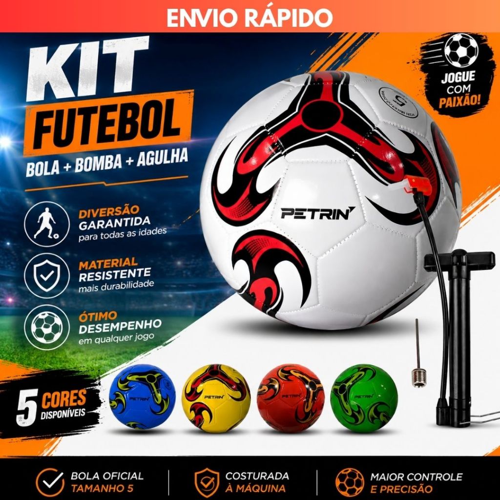 Kit Bola De Futebol Campo Society Couro Sintetico + Bomba De Ar Com Bico Agulha Numero 5