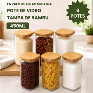 Kit 6 Potes Herméticos de Vidro 450ml Tampa de Bambu Quadrado Organizador Mantimentos