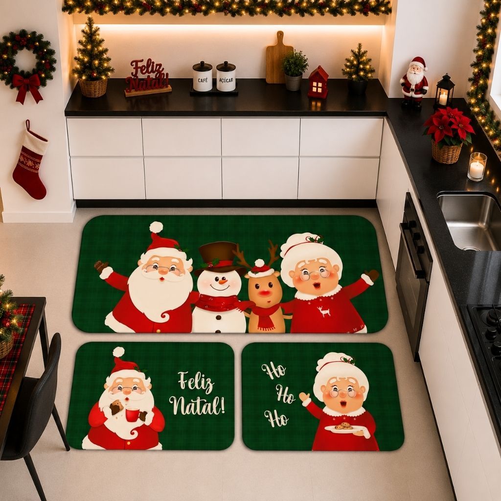Tapetes de Cozinha 3 Peças Natal Papai e Mamãe Noel Fé Emborrachado ENVIO RÁPIDO!