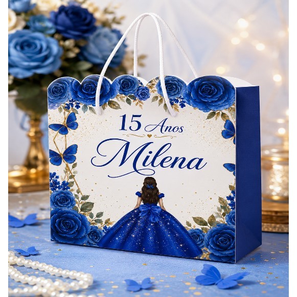 Sacolinhas Personalizadas Jardim Borboletas 15 anos vestido Azul, festas, aniversário e Coleção.