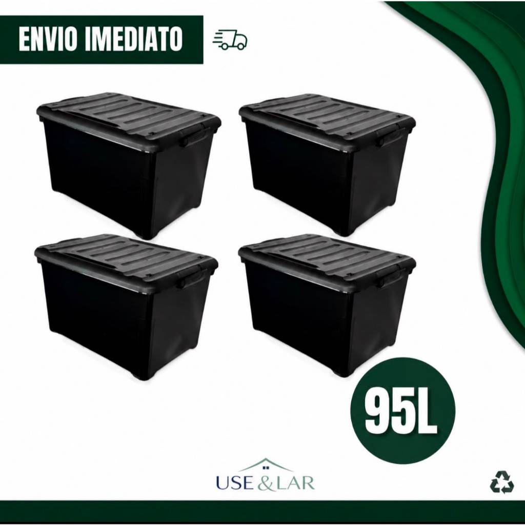 Kit com 4 Caixa Organizadora 95 Litros Com Tampa Travas Rodinhas Reforçada Multiuso Preta