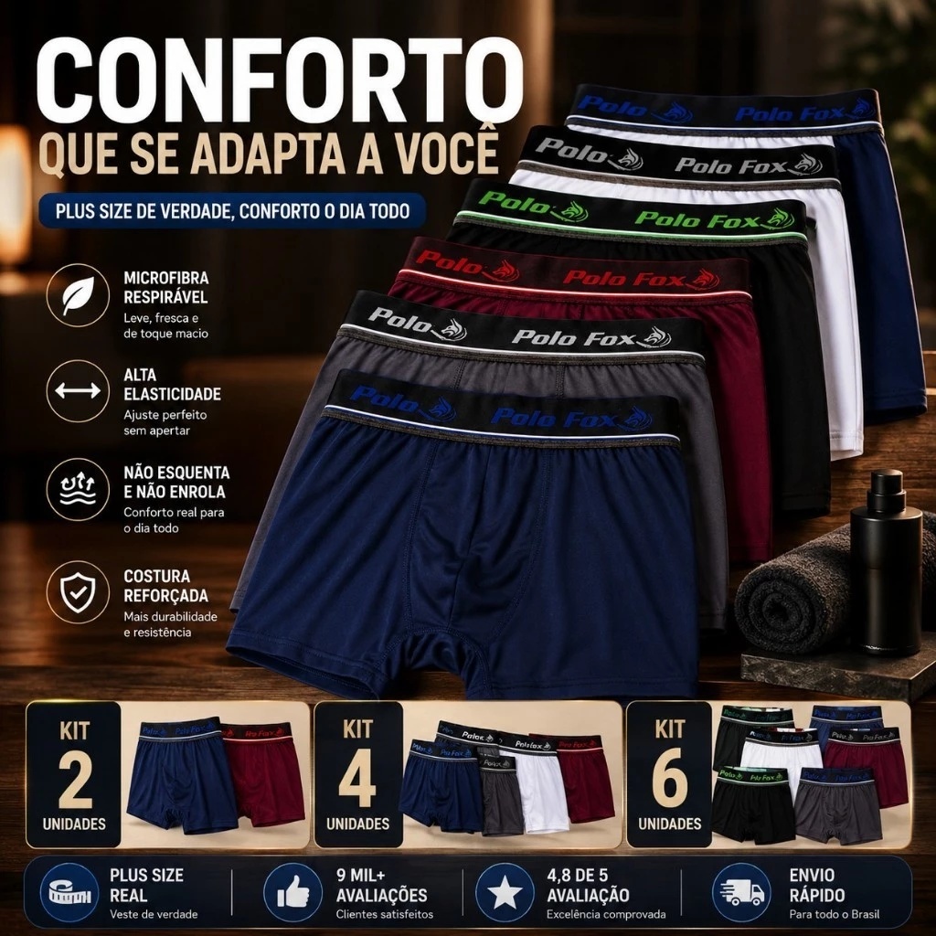 Kit Cueca Boxer Masculina Plus Size Microfibra Cós Largo Alta Elasticidade Confortável Tamanho Grande