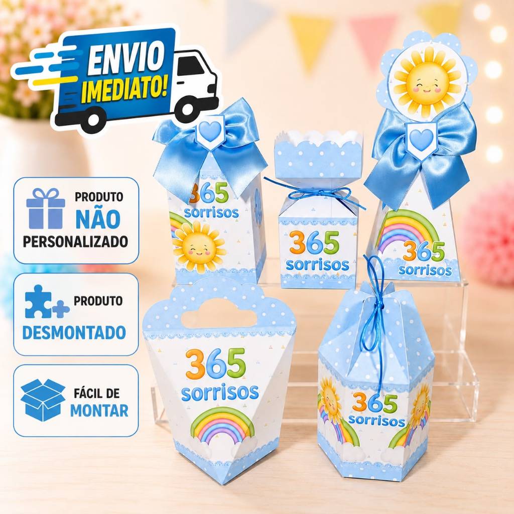 kit Caixinhas Personalizadas para Festa 365 SORRISOS MENINO Lembrancinhas de Aniversário Decoração DESMONTADO.