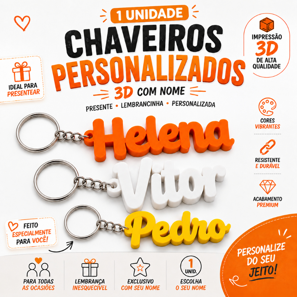 Chaveiro Personalizado 3D com Nome Presente Lembrancinha Personalizada Aniversario Brinde