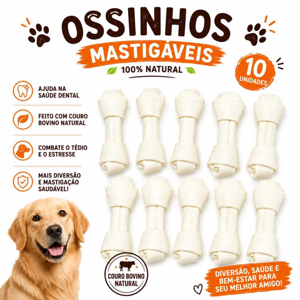 VARIAÇÃO 10 Unidades Osso Nó Couro Bovino Petisco Mastigável 2/3 - Pacote ESCOLHA VARIAÇÃO