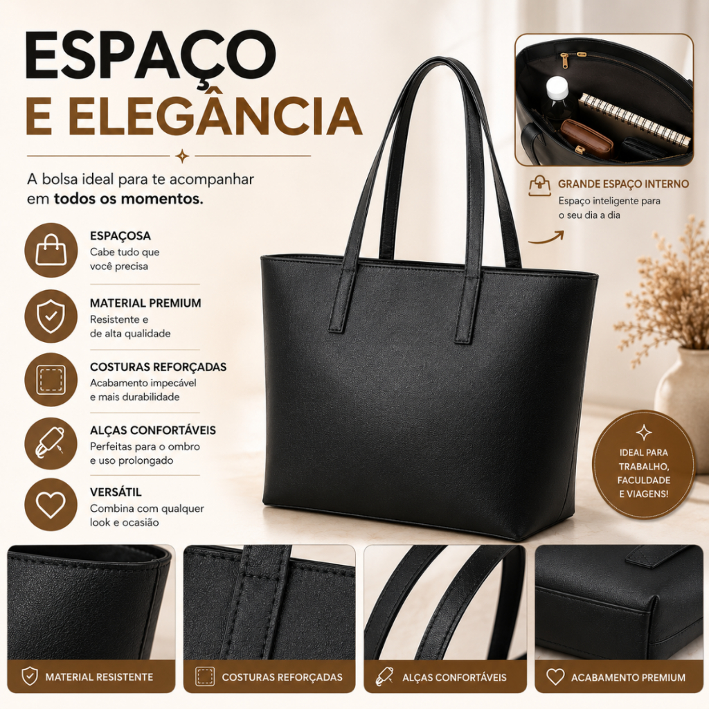 Bolsa Sacola Feminina Casual Grande Tote de Ombro Elegante Estilosa Trabalho Faculdade — imagem 2 de 2