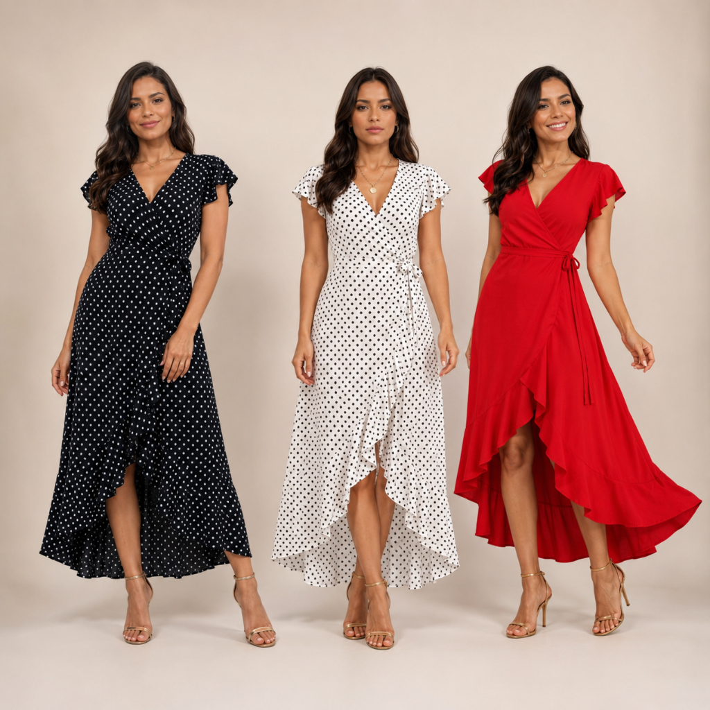 Vestido Envelope Forrado Babado Na Barra Feminino Ajustável Na Cintura
