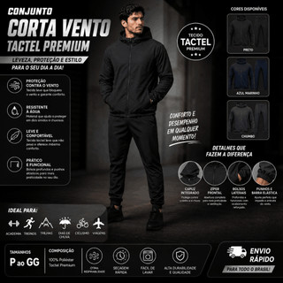 Kit 2 Peças Conjunto Corta Vento Masculino Tactel Jaqueta com Capuz e Calça Academia Casual