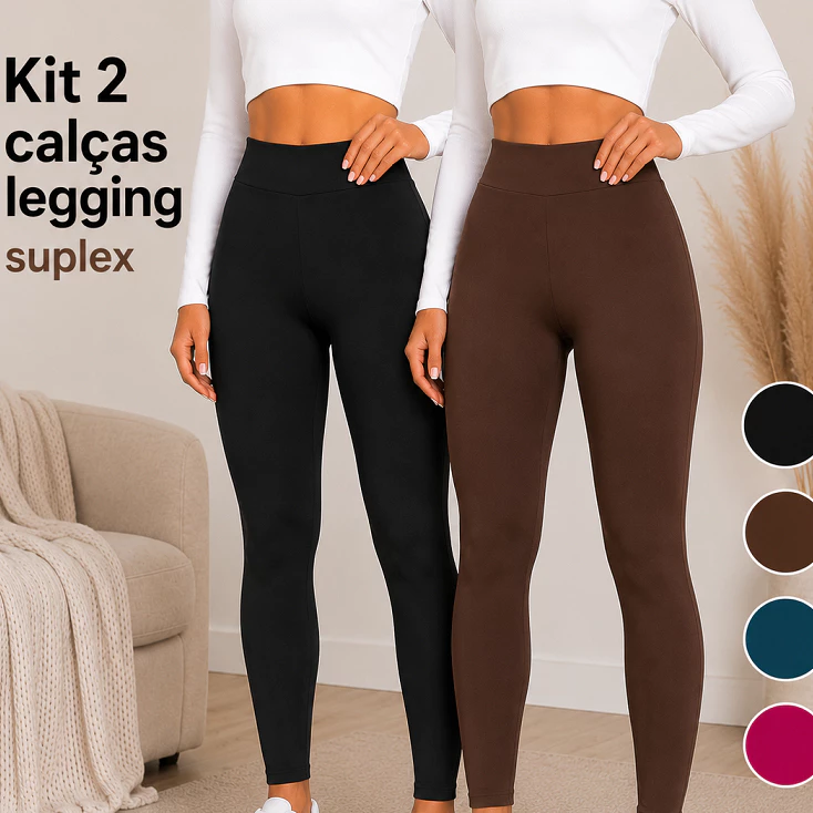 Kit 2 Calças Leg Calça Legging Zero Transparência Feminina Suplex Cintura Alta Sem Transparência — imagem 1