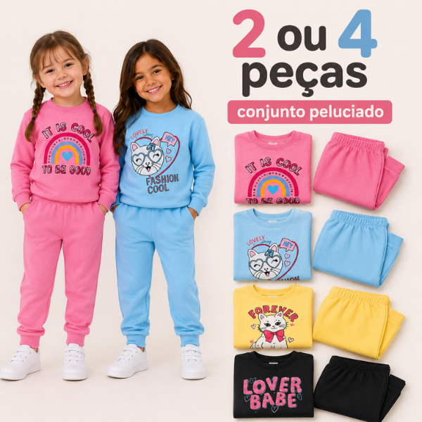 Kit Moletom Peluciado Quente Conjunto Infantil Menina Inverno Peças Sortidas Bebê e Juvenil Estampado