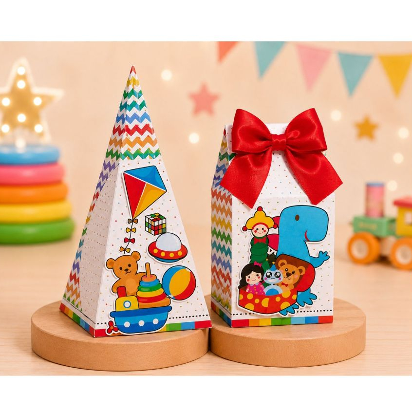 ENVIO MONTADO Kit com caixinha milk e pirâmide personalizada para lembrancinha aniversário Tema Brinquedos
