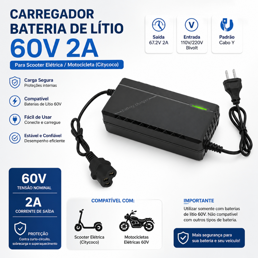 60v Carregador Bateria Scooter Moto Elétrica Para Citycoco