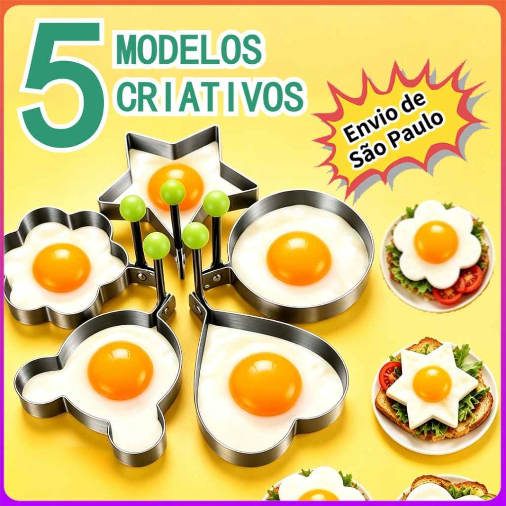 5 peças Forma Aço Inox Molde Fritar Ovos Omelete Tapioca Hamburguer, Coração, Flor, Estrela, Redondo